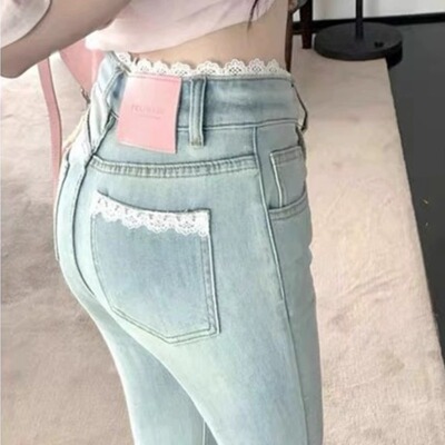蕾丝拼接牛仔裤女夏薄款微喇裤子