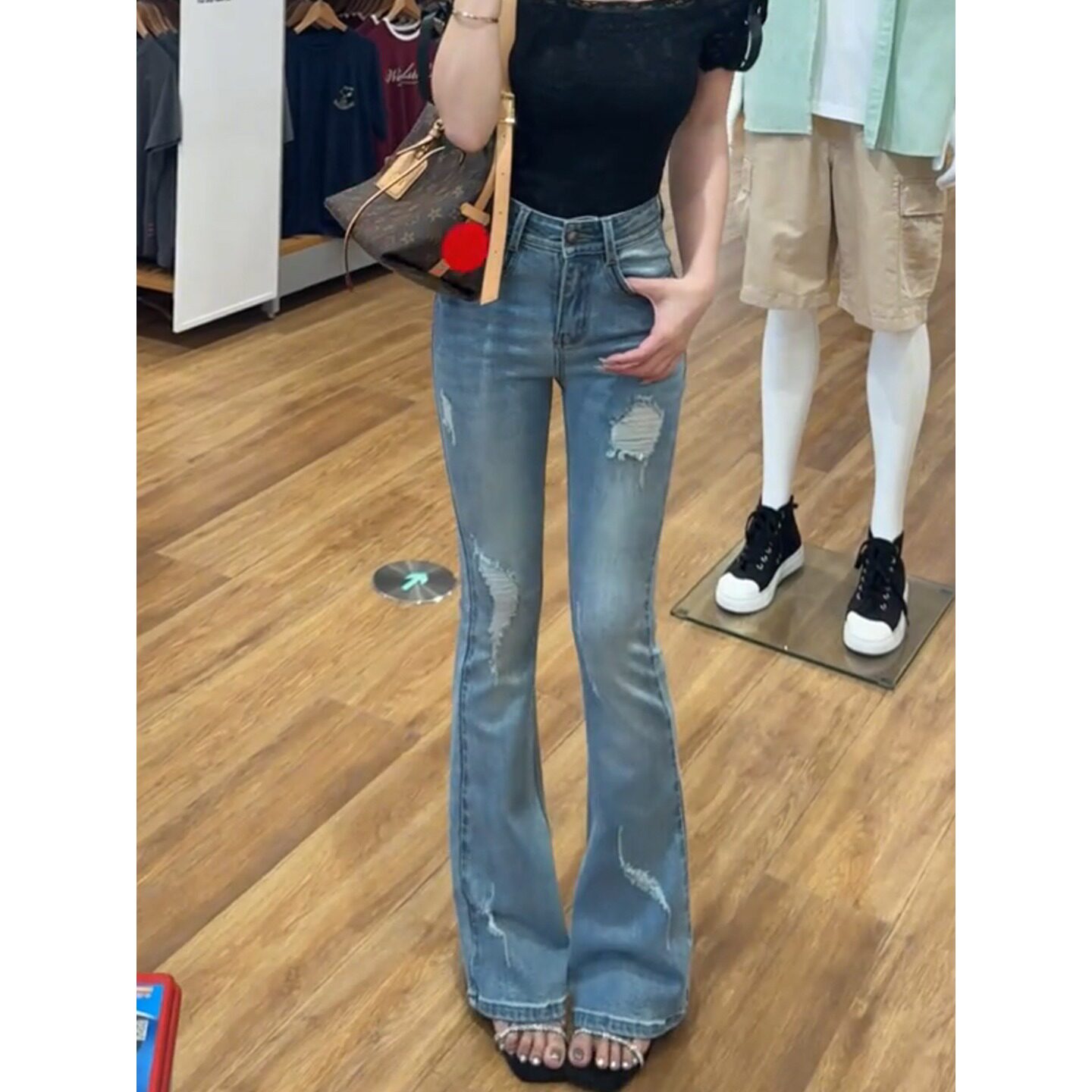 复古微喇裤子破洞牛仔裤子女夏季