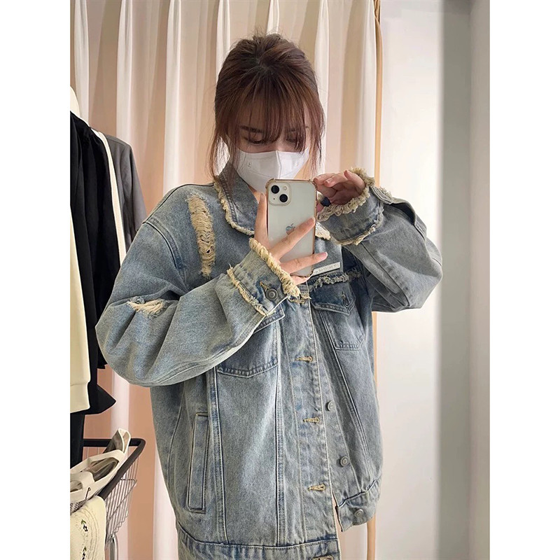 美式复古毛边破洞牛仔短外套女春秋2023年新款宽松夹克上衣ins潮