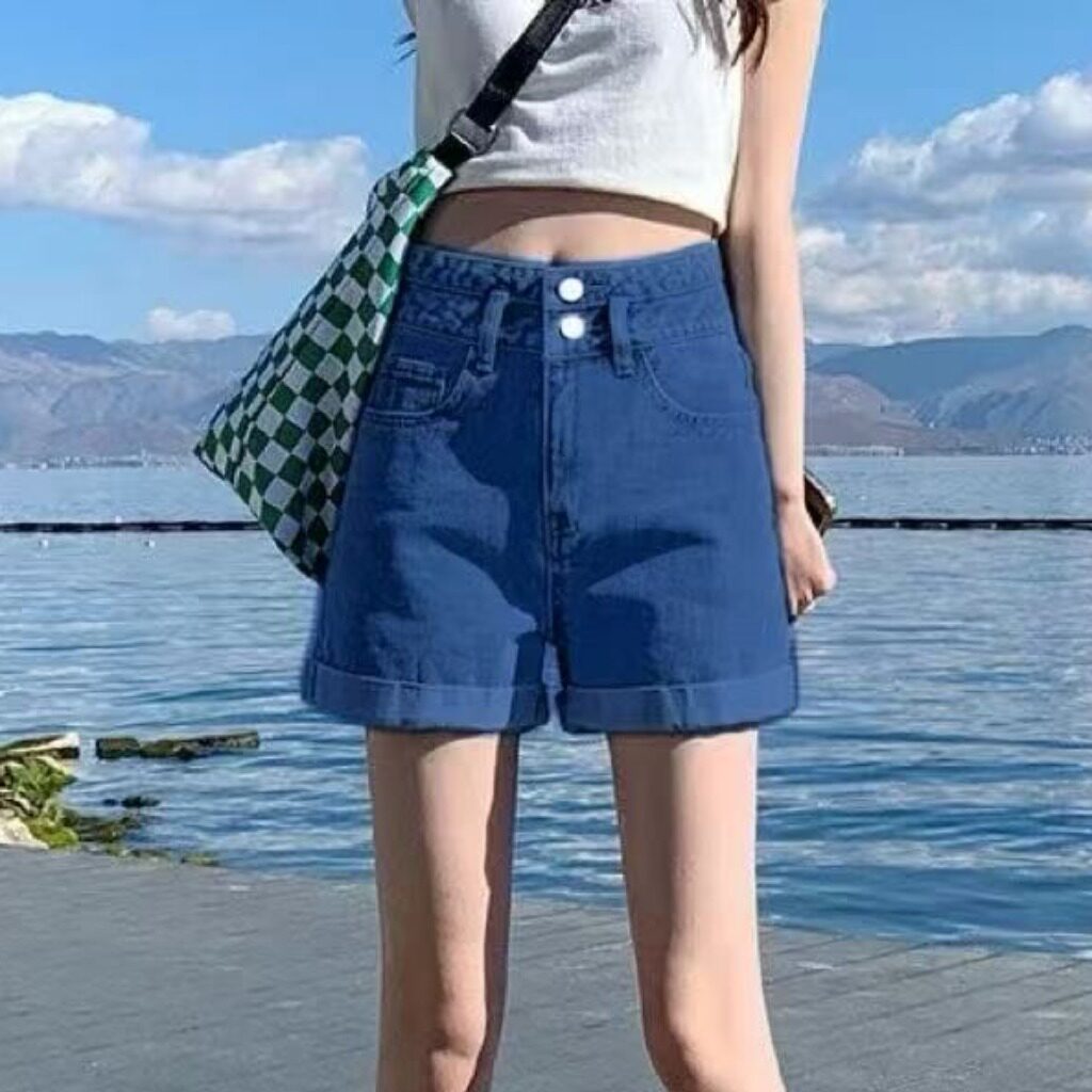 深蓝色阔腿牛仔短裤女夏季热裤小短裤子高腰宽松小个子卷边a字裤