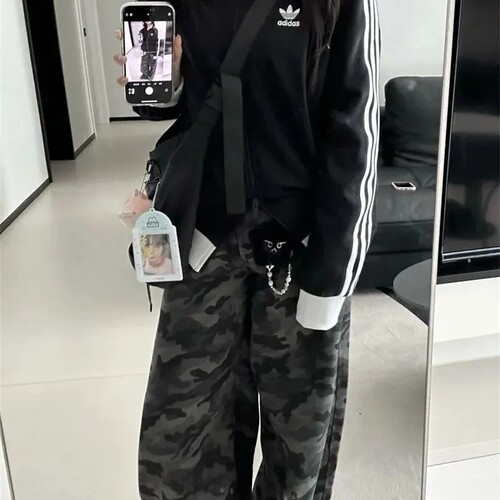 高街迷彩阔腿牛仔裤女秋季慵懒风