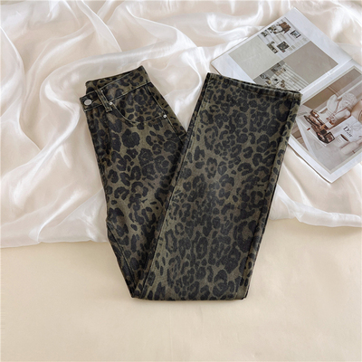 复古豹纹牛仔裤女春秋季直筒裤子