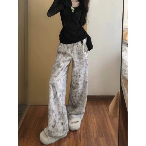 印花扎染牛仔裤女夏季薄款慵懒风