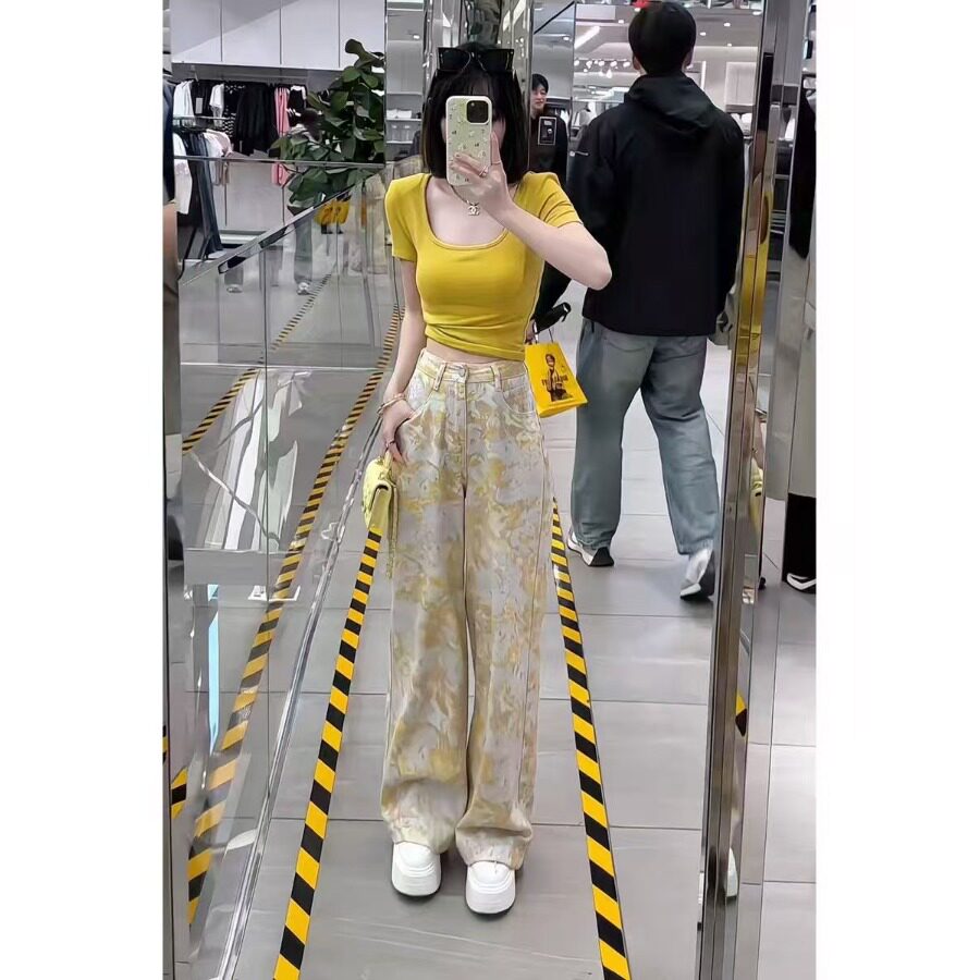 复古扎染印花金黄色牛仔裤女直筒