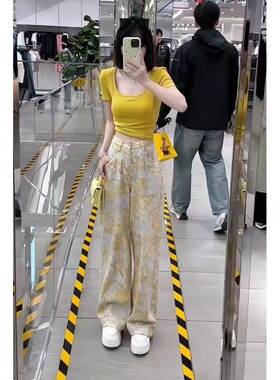 复古扎染印花金黄色牛仔裤女夏季2025新款高腰显瘦宽松直筒拖地裤