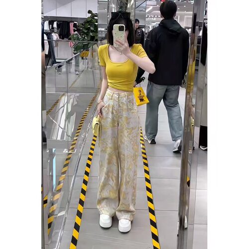 复古扎染印花金黄色牛仔裤女直筒