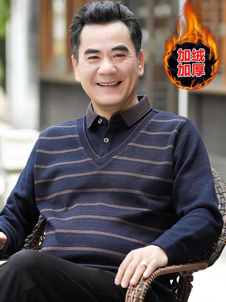 中年男士带领毛衣衬衣两件套假领羊毛衫秋冬款加厚加绒保暖上衣土
