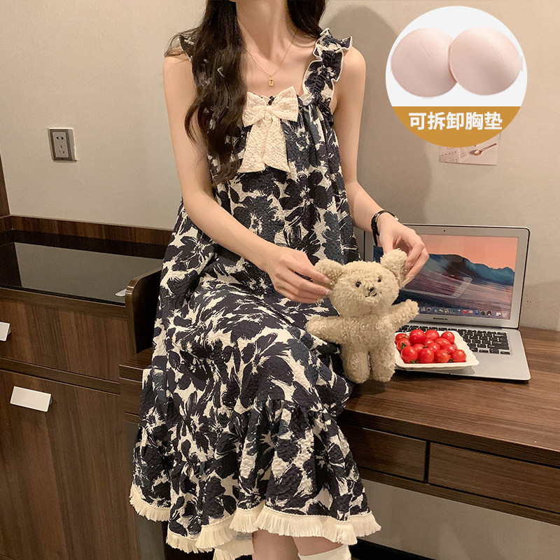 甜美风带胸垫吊带睡裙女款夏季绉布泡泡棉2025新款夏天孕妇睡衣裙