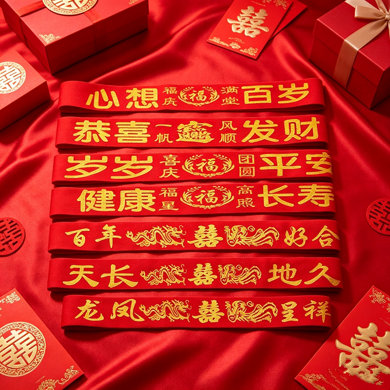 结婚红腰带龙凤喜字红布腰带加长双层涤纶红布双图案嫁妆捆绑红绳