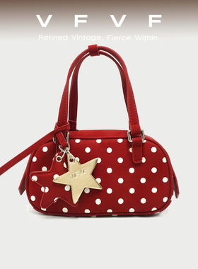 VFVF红色波点手提包波士顿包结婚包包女婚包新娘单肩斜挎小手拎包