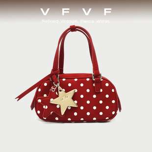 VFVF红色波点手提包波士顿包结婚包包女婚包新娘单肩斜挎小手拎包