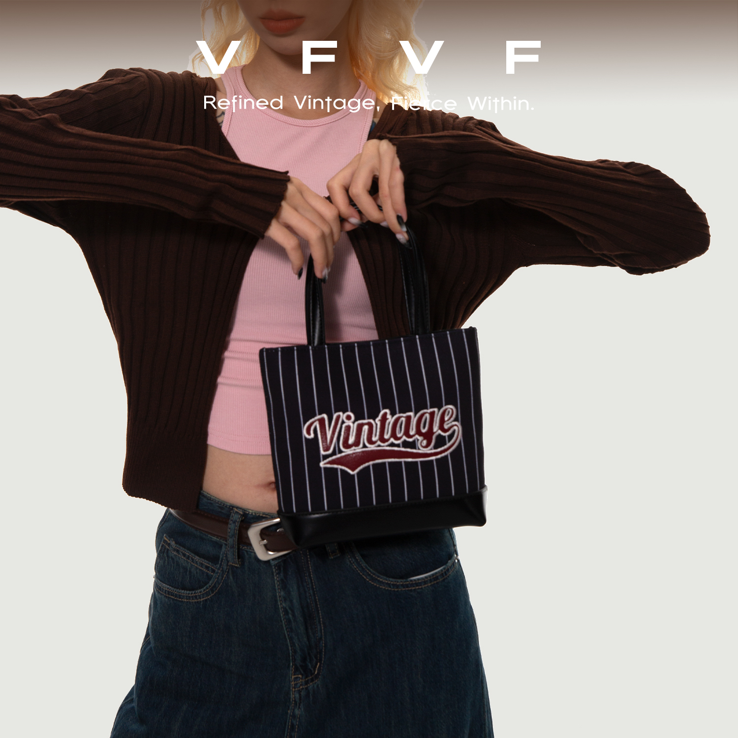 VFVF条纹链条单肩斜挎迷你手提包