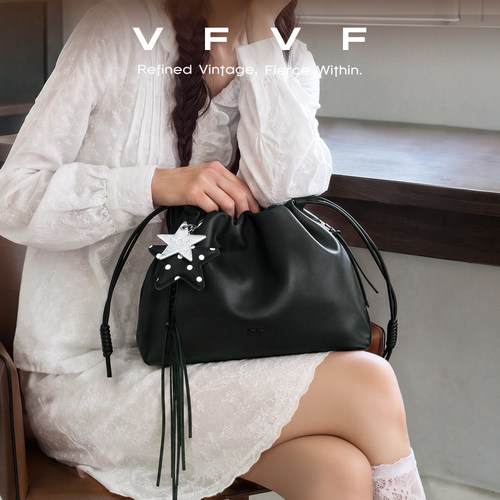 VFVF黑色真皮牛皮水桶包褶皱抽绳束口单肩斜挎大容量手提包女秋季