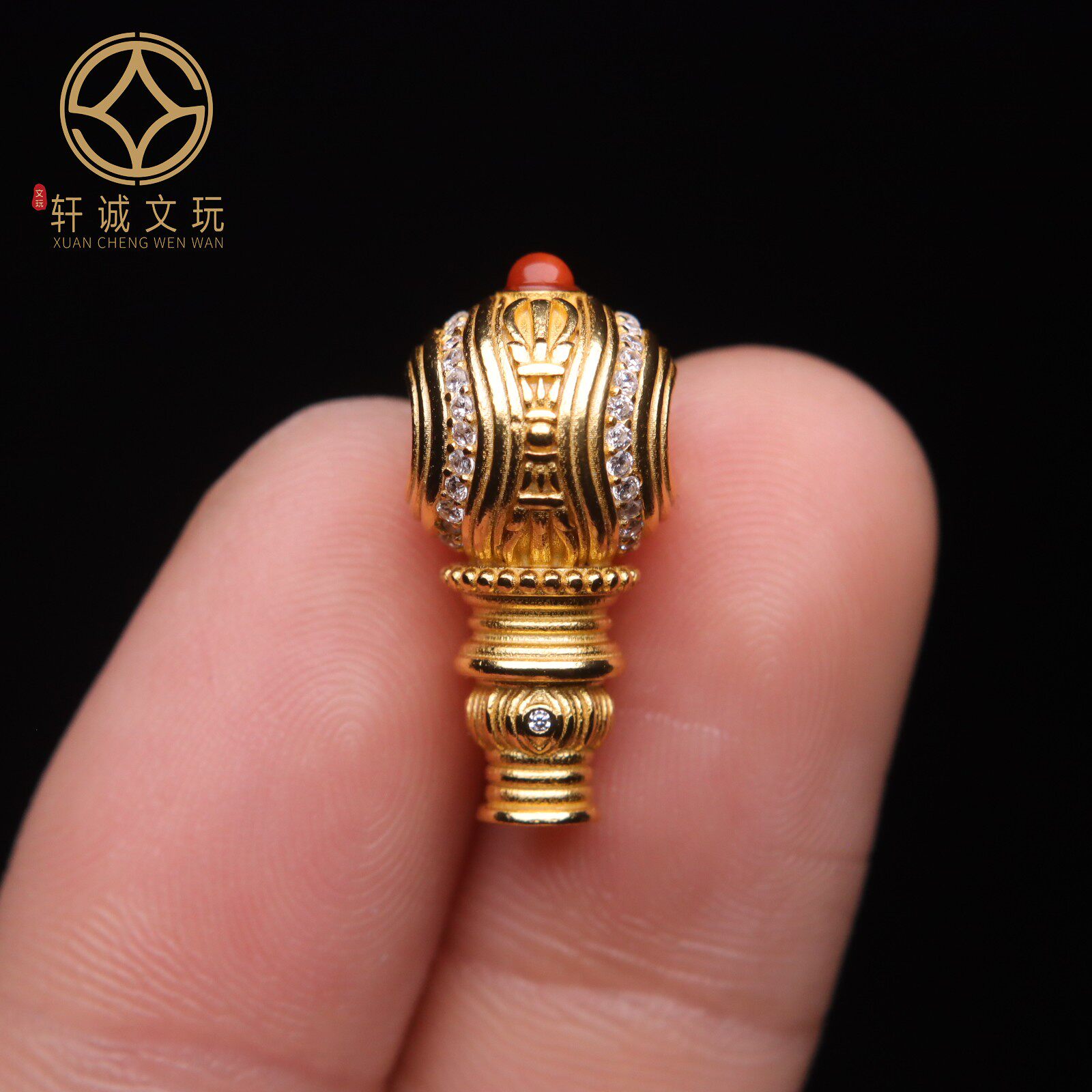 原创925银镀金镶嵌红绿松石南红三通佛头手串手链diy配件文玩配饰