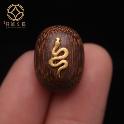 原创S925银镀金蛇镶嵌天然沉香木老型桶珠蛇年散珠DIY配饰配珠