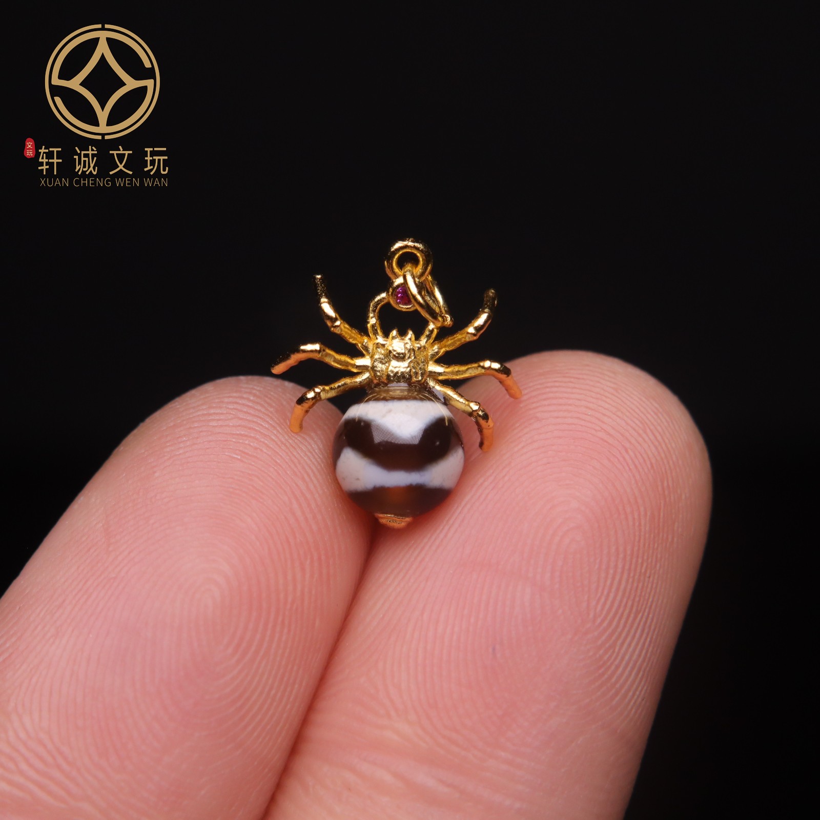 原创S925银镀金天然天珠玛瑙镶嵌蜘蛛桶珠散珠DIY配饰配件手串珠