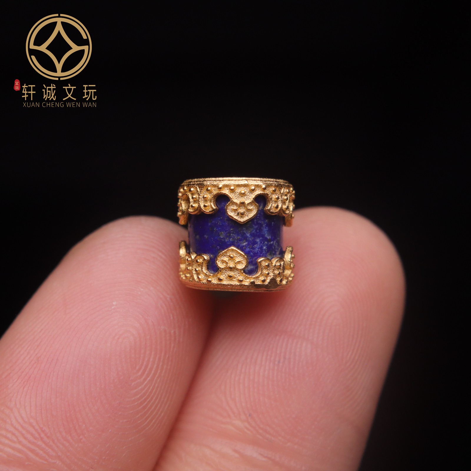 原创银镀24k金镶嵌天然青金石镶嵌回纹桶珠鼓珠隔珠diy配饰珠配件