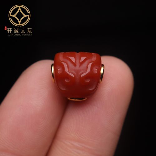 原创S925银镀金镶嵌南红玛瑙兽面三通佛头散珠DIY散珠配饰配件