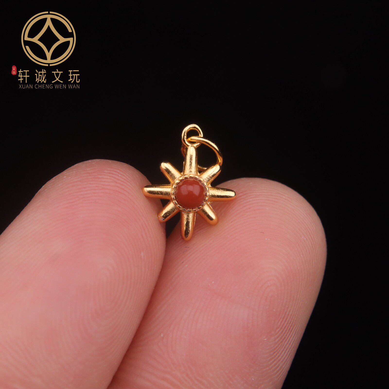 原创S925银镀金南红松石珍珠太阳花diy文玩配件手串配珠饰吊坠