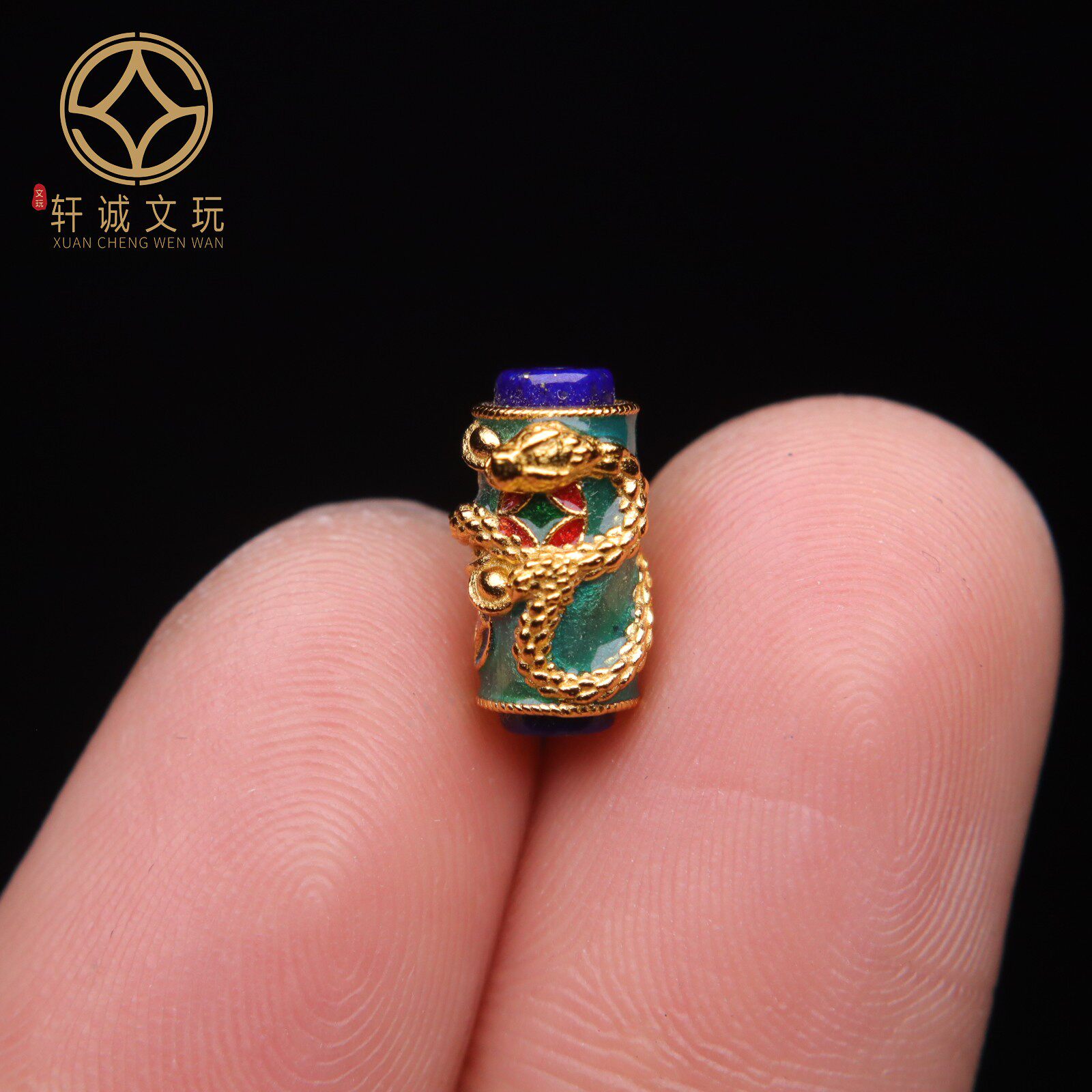 原创925银镀金盘蛇地龙青金石桶珠手串手工串珠编绳diy文玩配饰