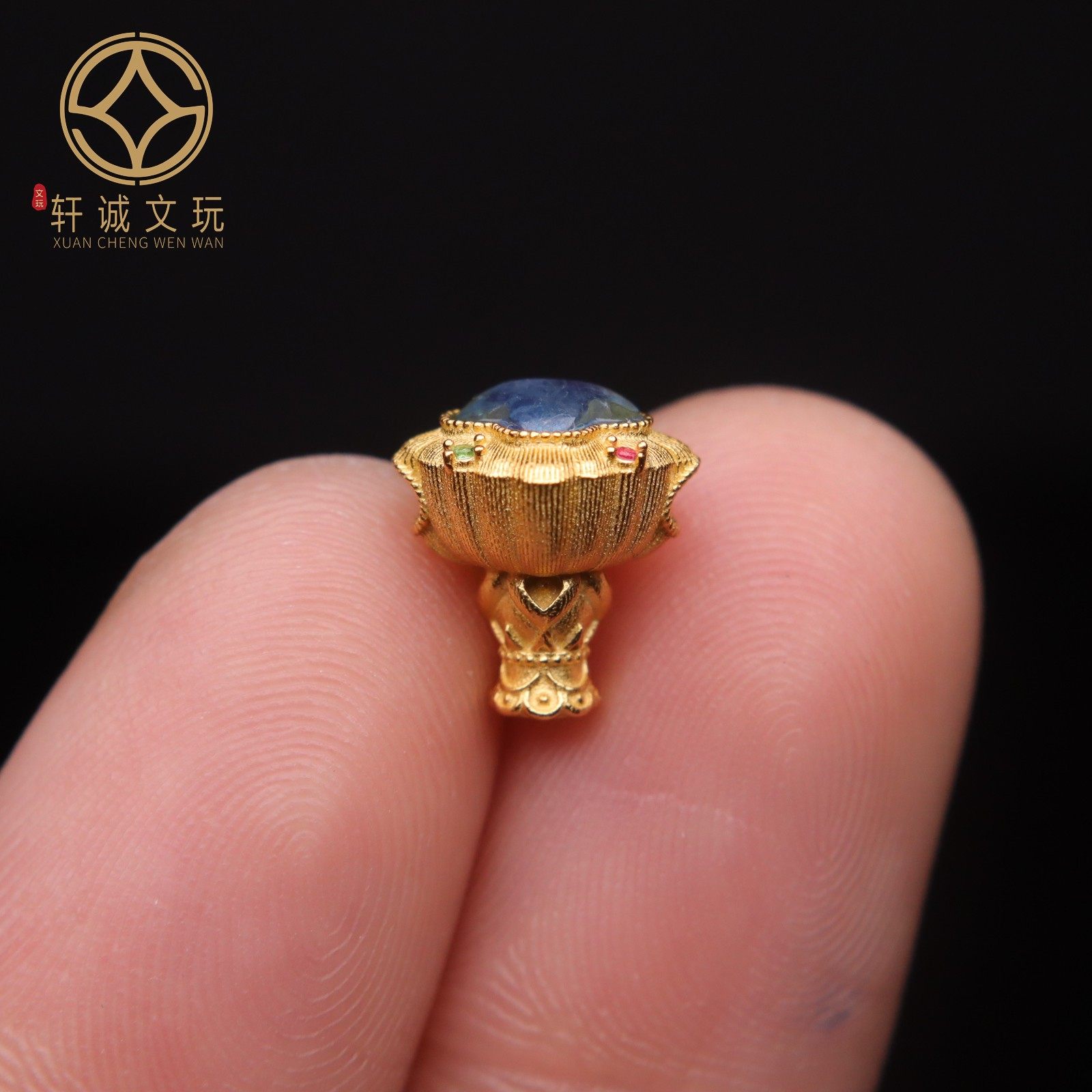 原创925银镀金镂空莲花灰月光石三通佛头手串长串diy文玩配珠配饰