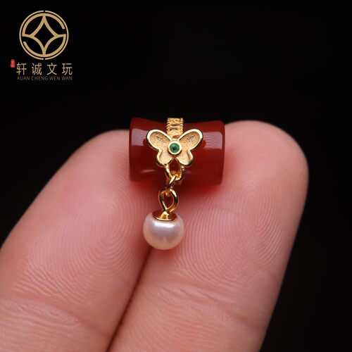 原创S925银镀金镶南红玛瑙桶珠diy文玩佛珠手串手链隔珠文玩配件
