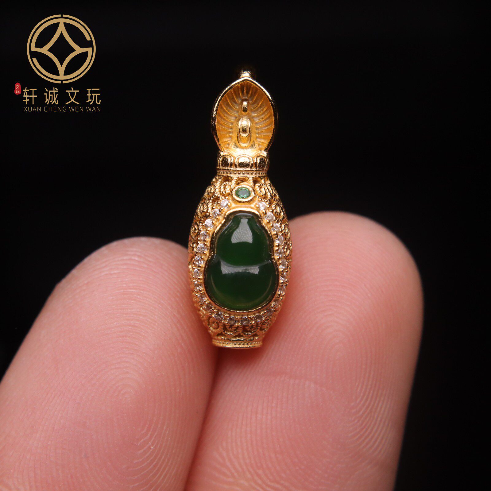 原创S925银镀金天然翡翠镶嵌葫芦桶珠散珠DIY配饰配件配珠饰品