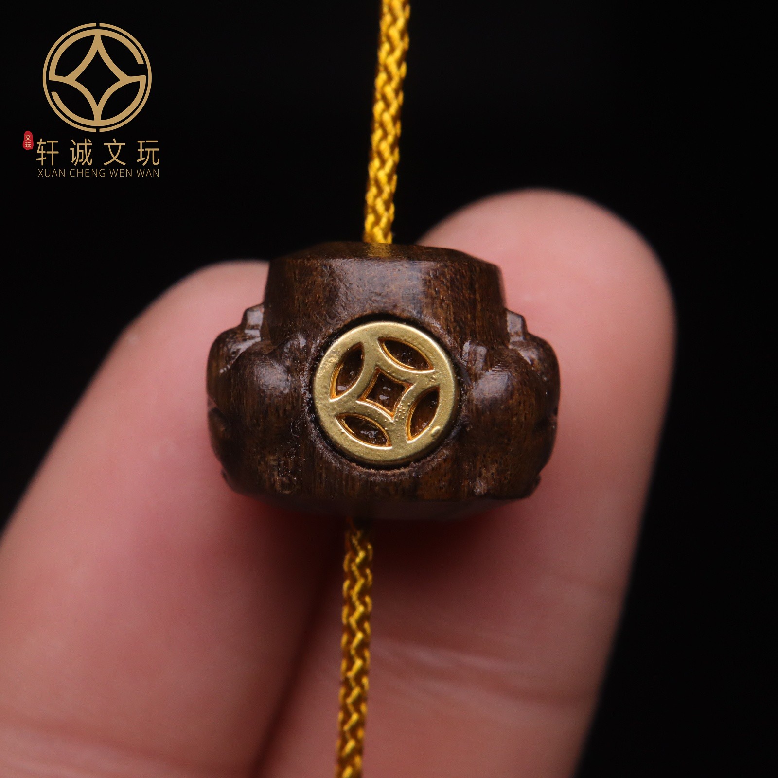 古法金配件天然沉香木虎爪桶珠镶嵌铜钱文玩配饰配件吊坠挂件