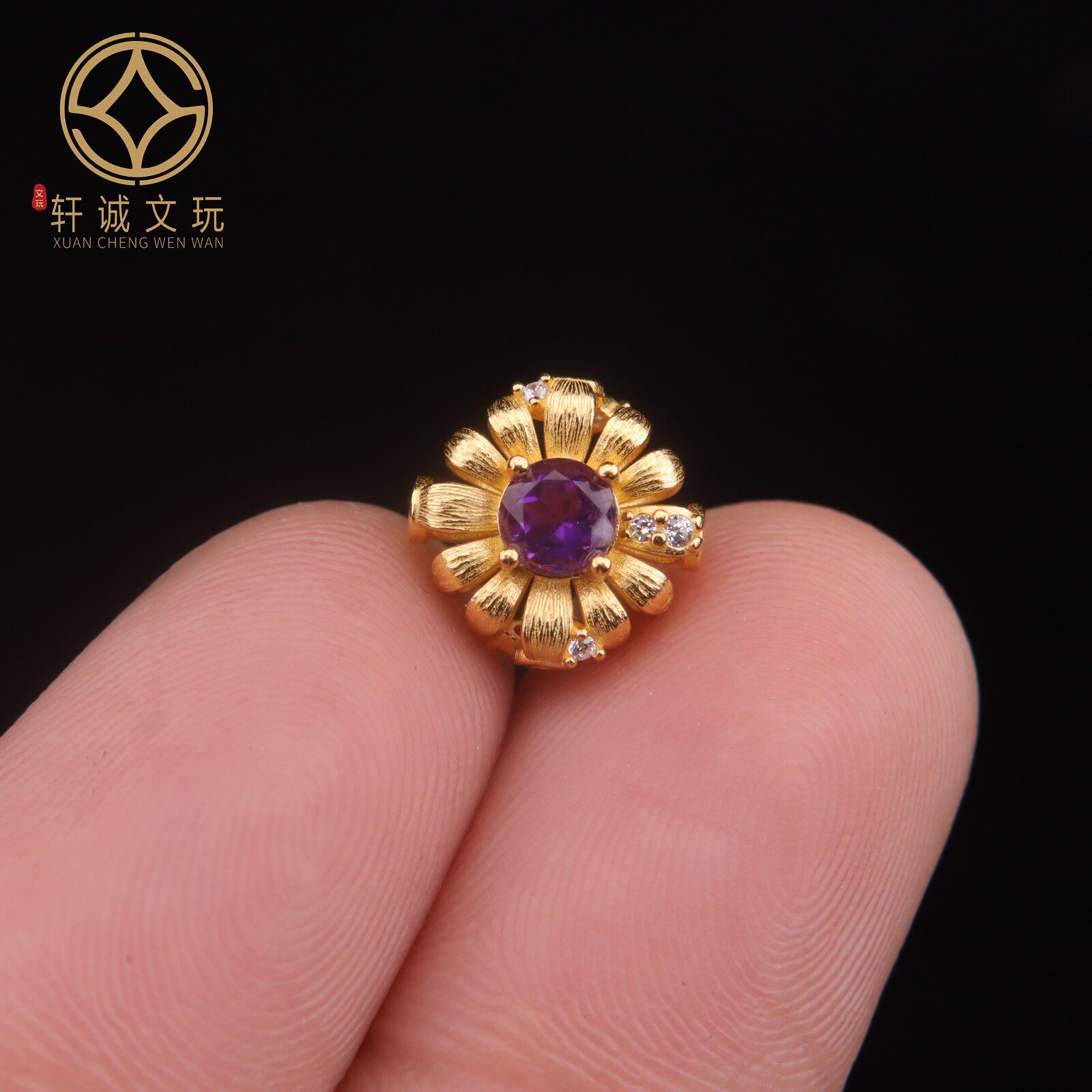 古法金银镀金配件天然紫水晶镶嵌莲花桶珠散珠珠子DIY文玩配饰件
