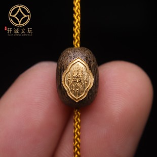 原创S925银镀金天然沉香木桶珠镶嵌五条经文老型桶珠散珠DIY配饰