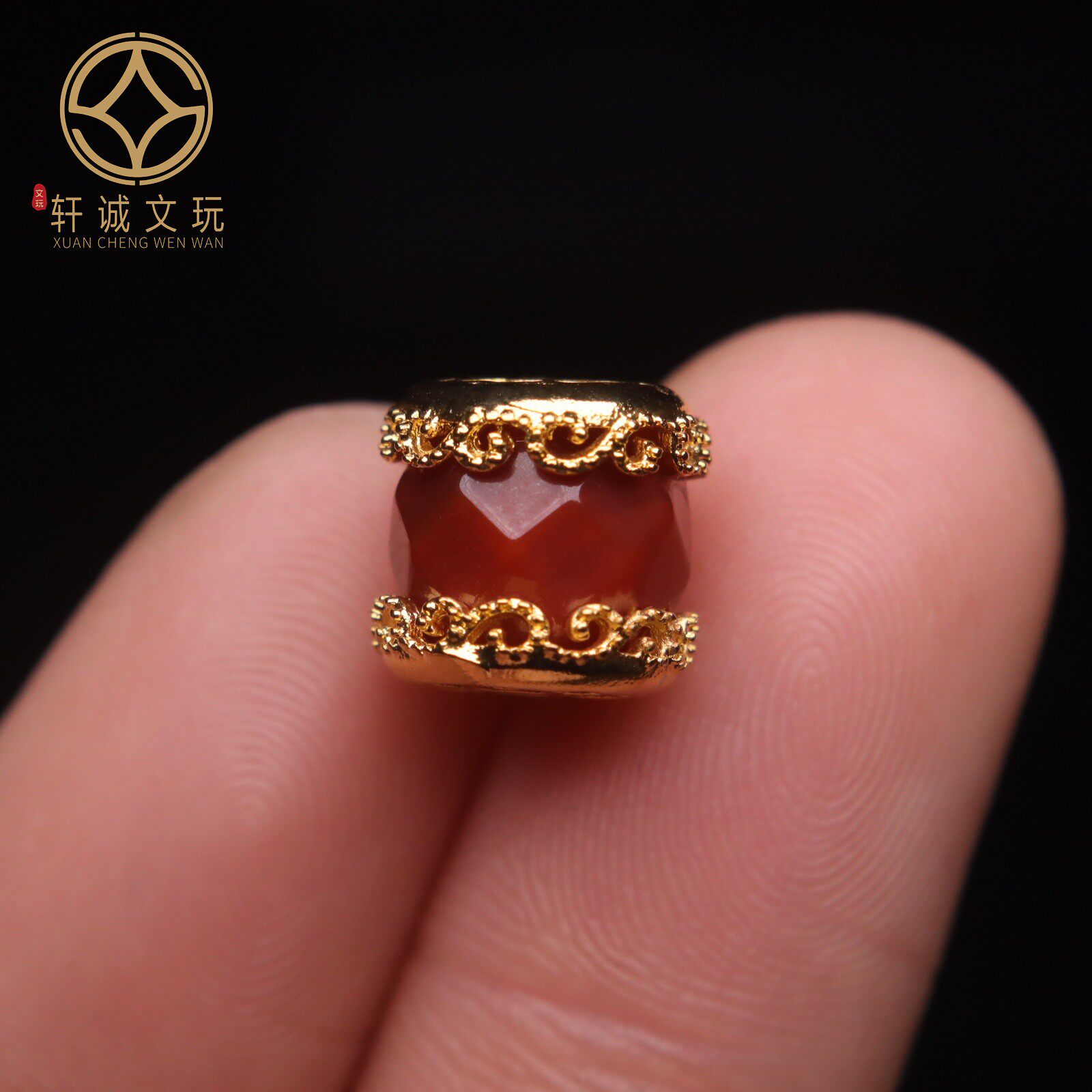 古法金镶嵌切面刻面鼓珠保真南红凉山满色肉玛瑙桶珠散珠DIY配饰