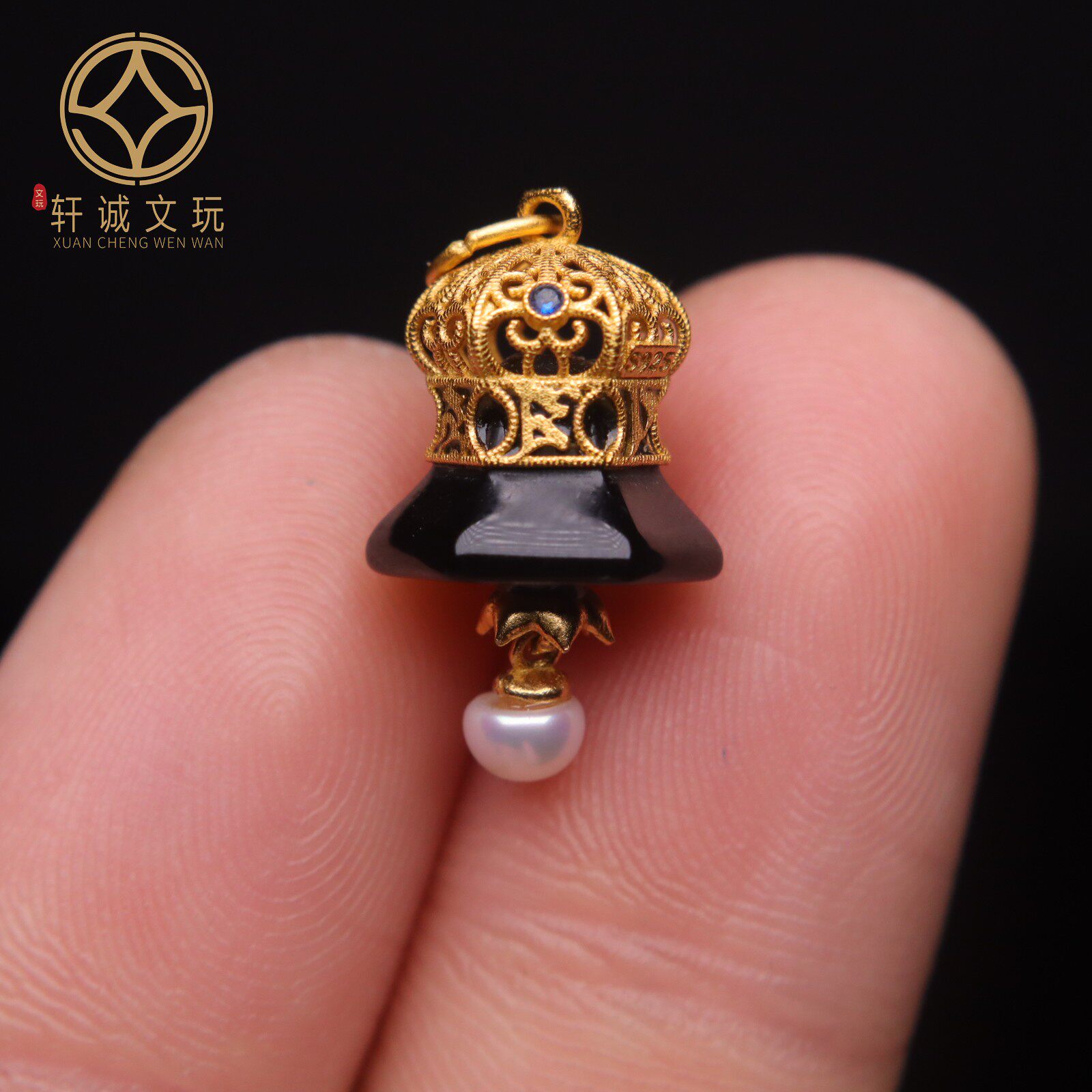 原创S925银镀金镶嵌黑曜石桶珠散珠DIY配饰文玩手串手链配珠配件