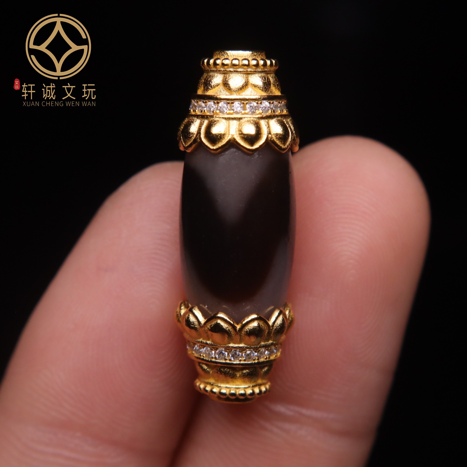 原创925银镀金镶嵌天然黑玛瑙天珠桶珠散珠DIY配饰新品配件配珠