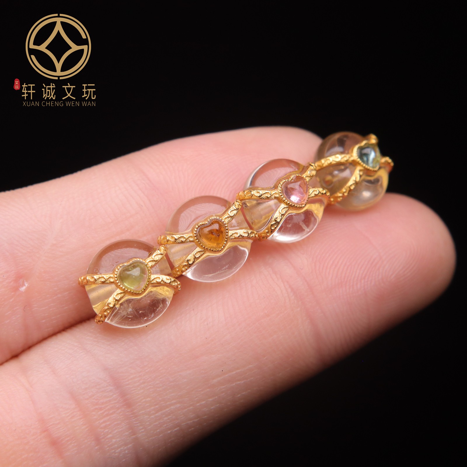S925纯银镀金镶嵌碧玺白水晶桃心桶珠隔珠配件散珠手链手串配珠