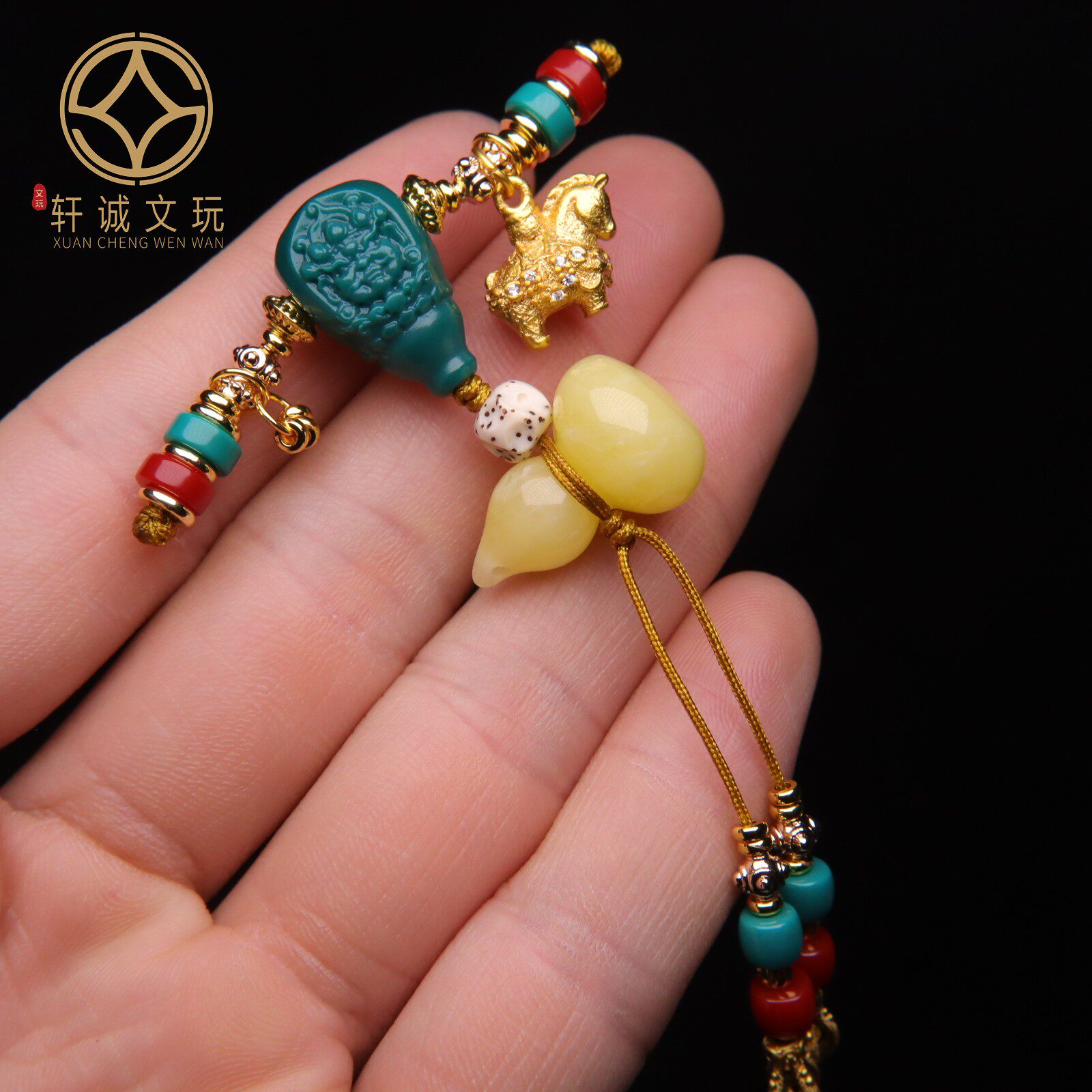 天然古法金马雪巴玉化黄财神琉璃二代蜜蜡三通套装佛头108配饰件