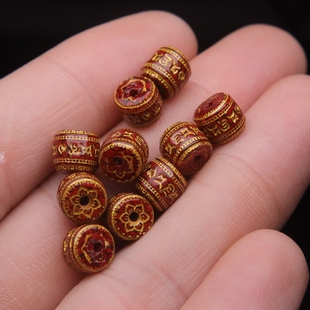 原矿朱砂晶体砂烫金六瓣莲花六字真言隔片隔圈鼓珠散珠手串配饰