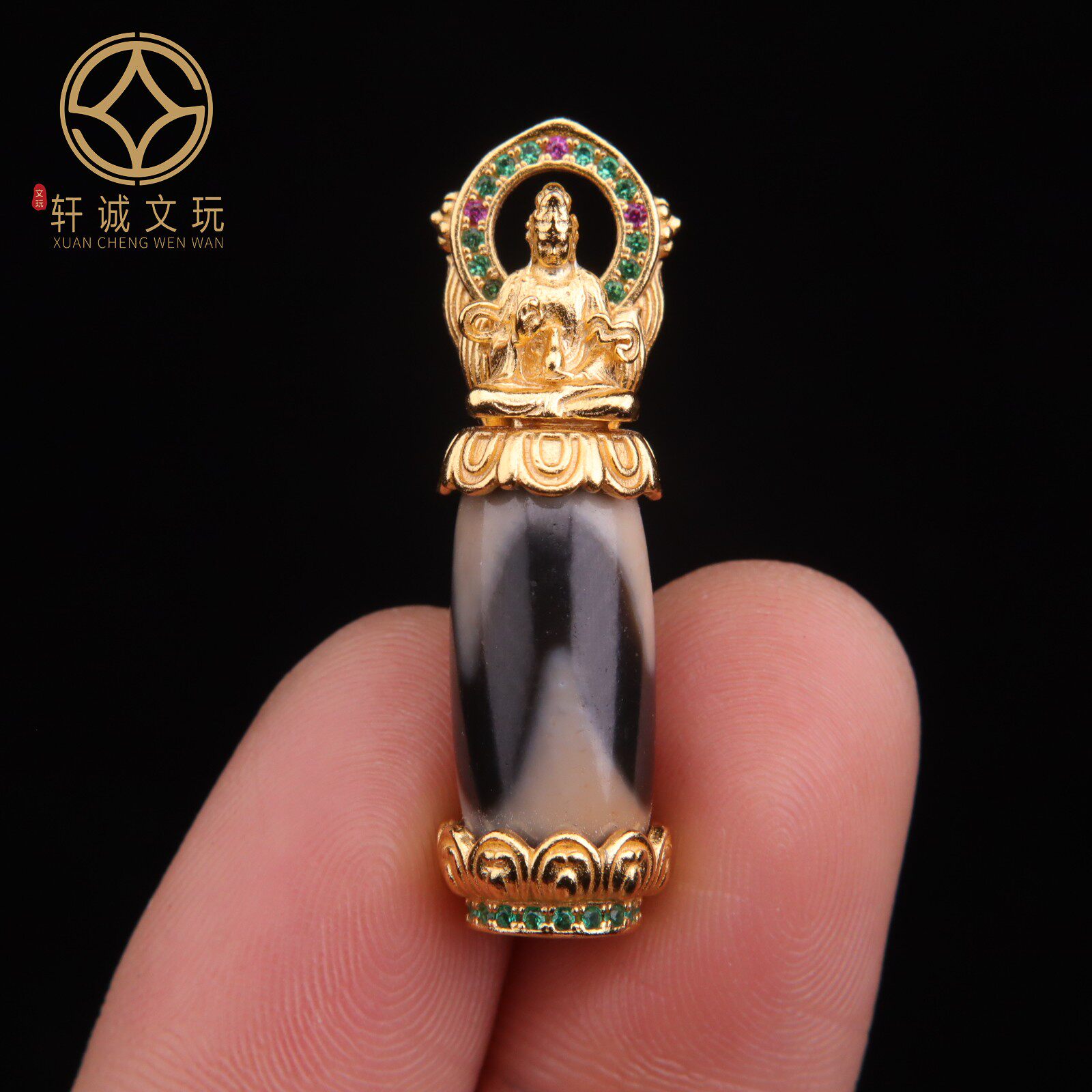 原创925银镀金镶嵌天然玛瑙观音桶珠天珠散珠DIY配饰吊坠文玩配件
