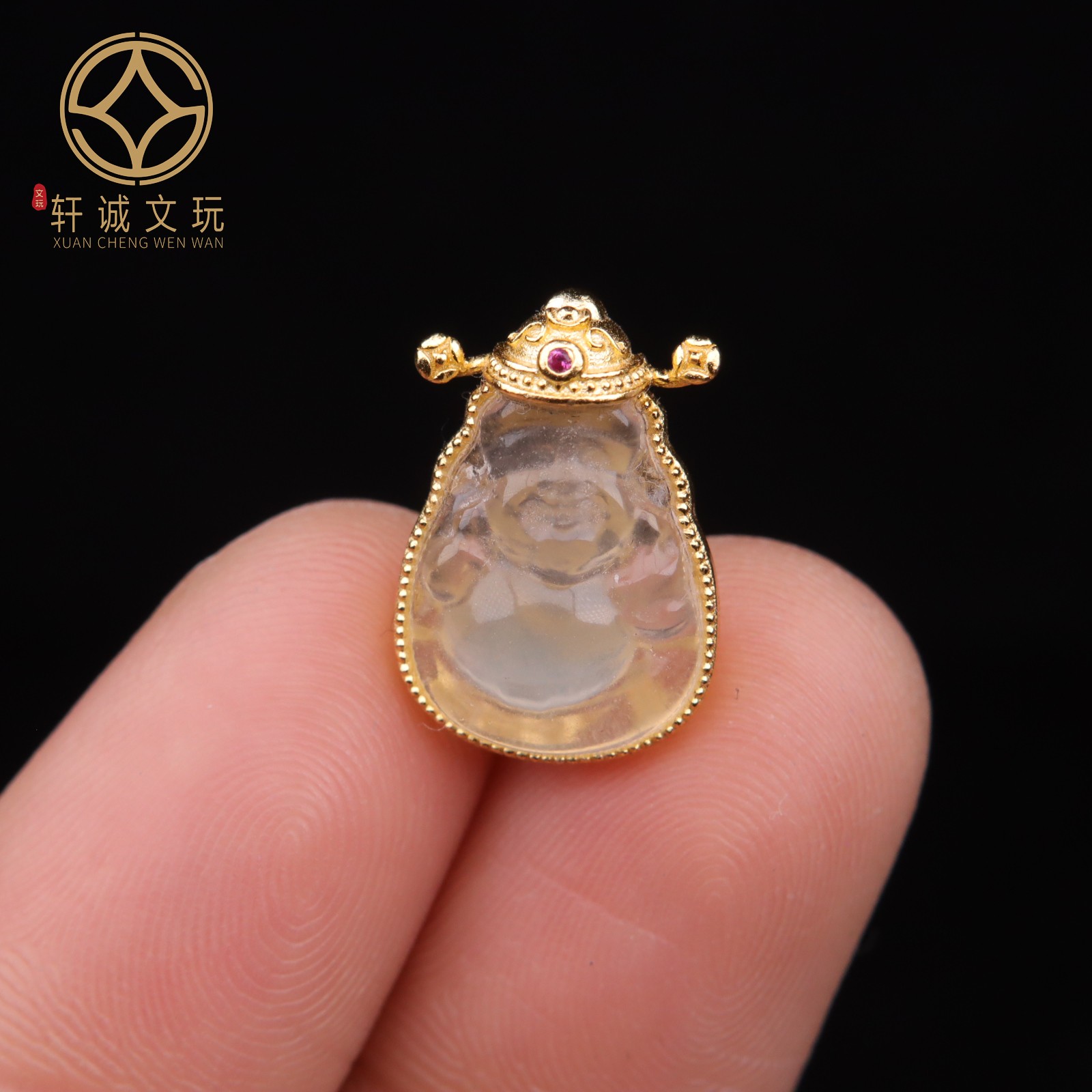 原创足银925银镀金镶嵌水沫玉佛公顶腰珠手串diy文玩配珠配件吊坠