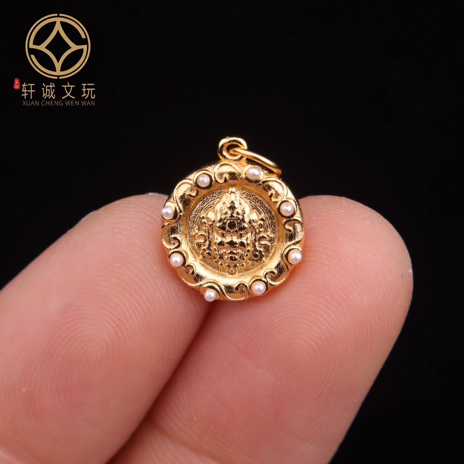 原创925银镀金黄财神六字真言珍珠卡子吊坠diy文玩手串配饰配件