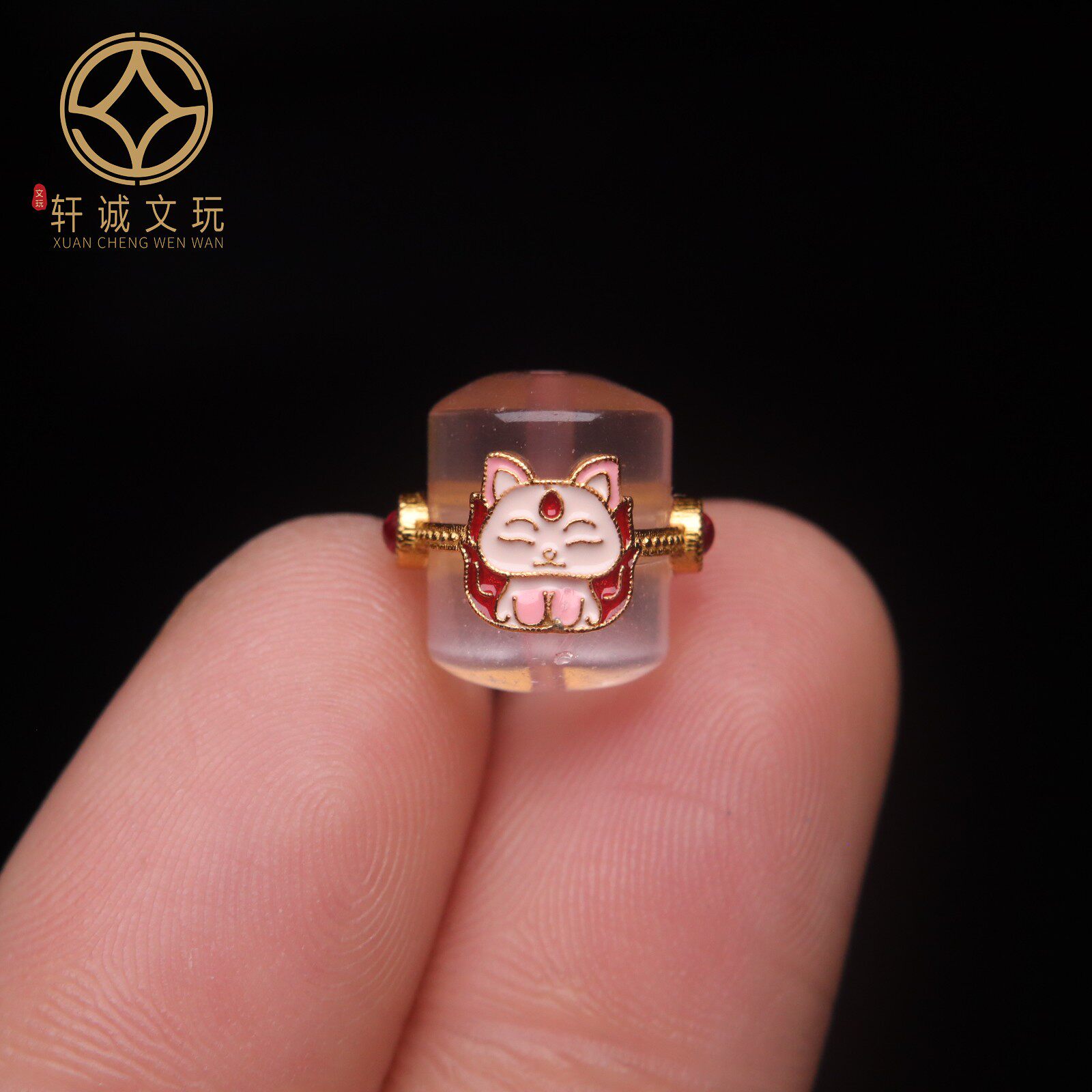 S925纯银镀金狐狸九尾狐招桃花转运镶嵌粉水晶隔珠配件配珠桶珠