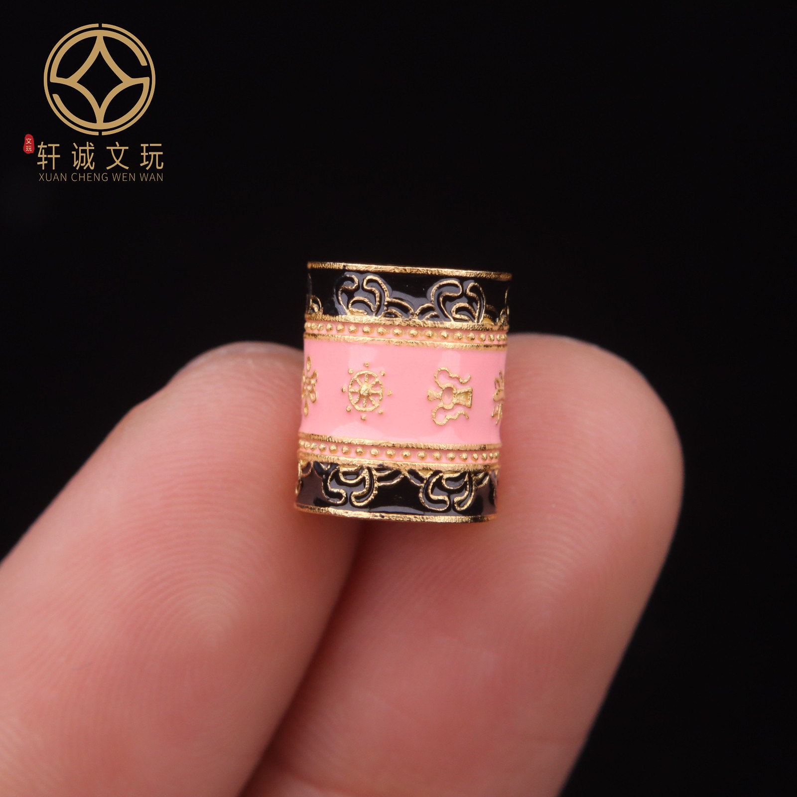 10MM粉五条经文大孔桶珠925银镀金diy文玩手串散珠配饰配件配珠