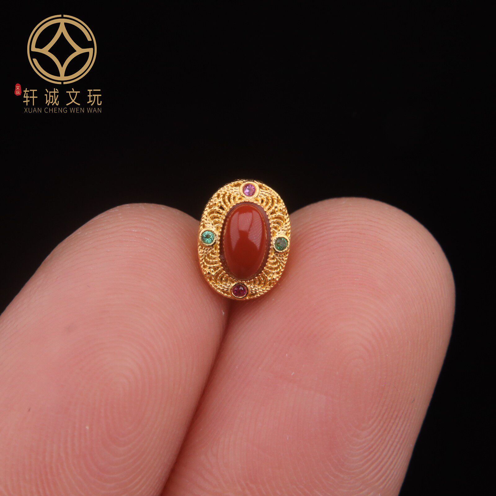 原创925银镀金镶南红碧玺背云隔珠串珠diy文玩配饰散珠手串吊坠