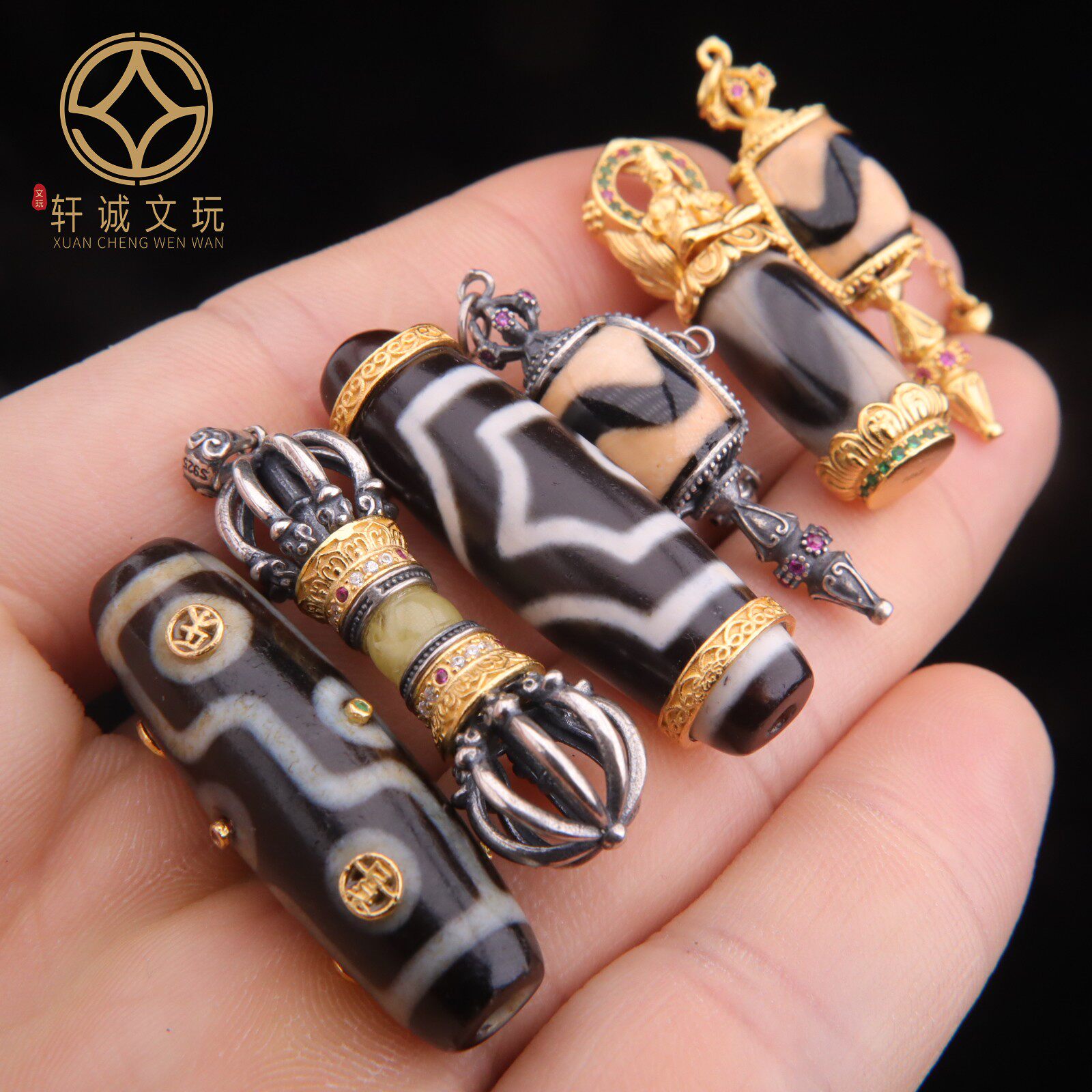 原创925银镀金镶嵌天然玛瑙桶珠天珠散珠DIY配饰吊坠文玩配珠配件
