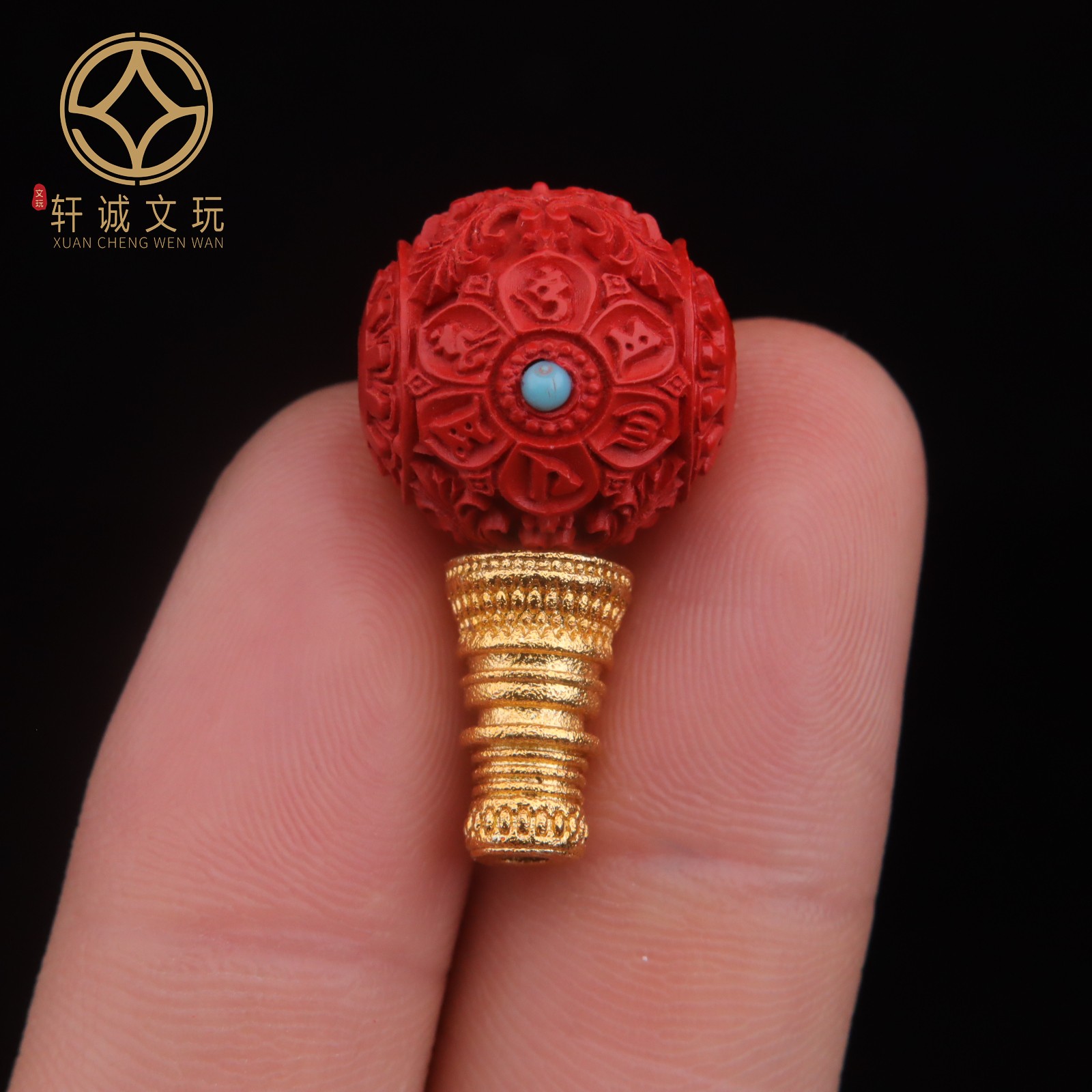 朱砂古法金天然原矿六字真言镶嵌花珠三通佛头纯手串配饰配件散珠