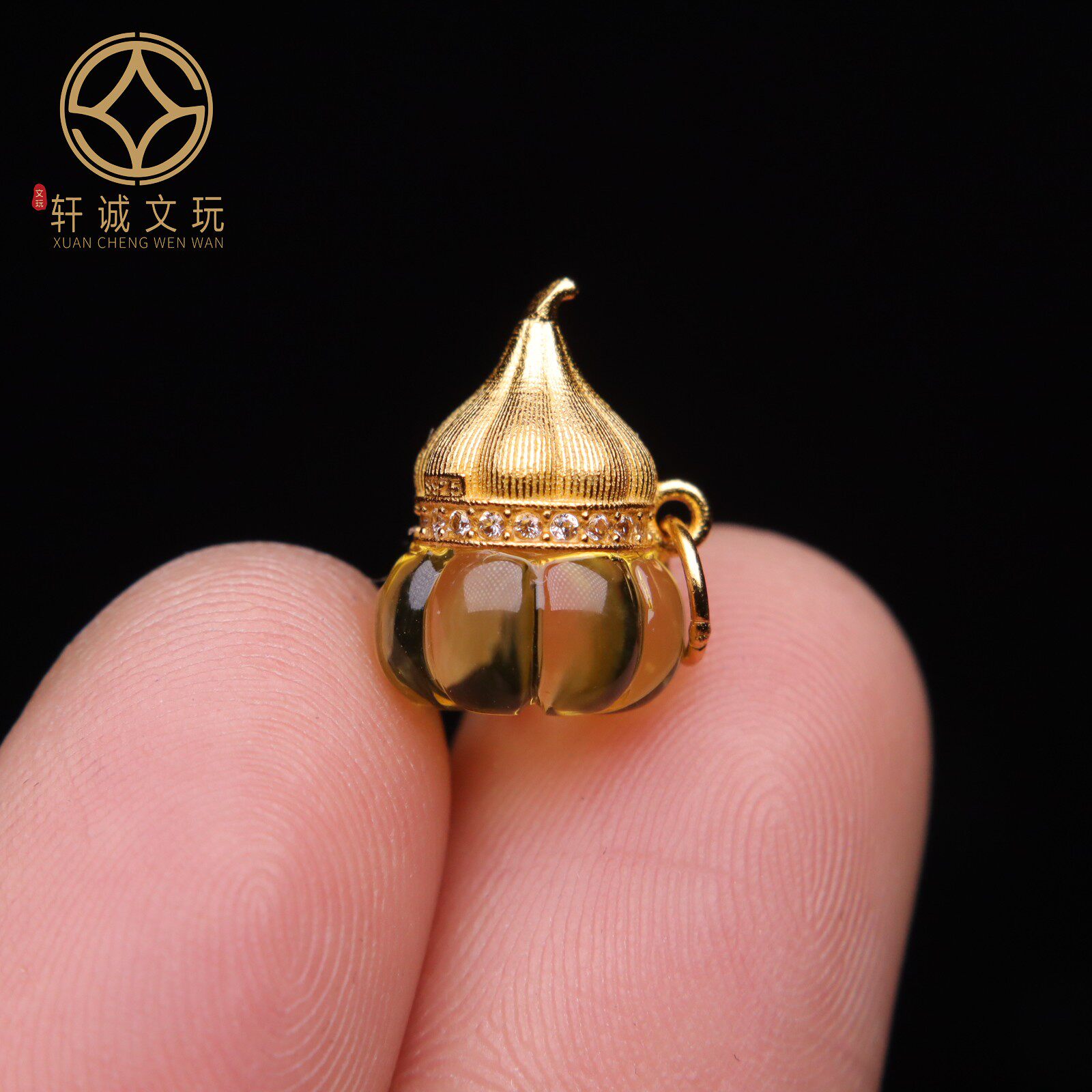 原创S925银镀金天然金珀琥珀蜜蜡镶嵌葫芦桶珠散珠DIY配饰吊坠