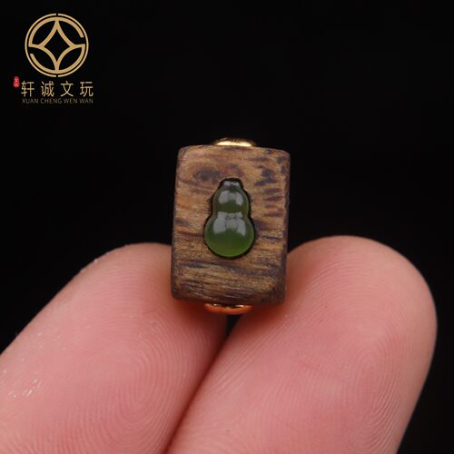 原创S925银镀金天然沉香木碧玉葫芦桶珠镶嵌桶珠散珠DIY配饰配件