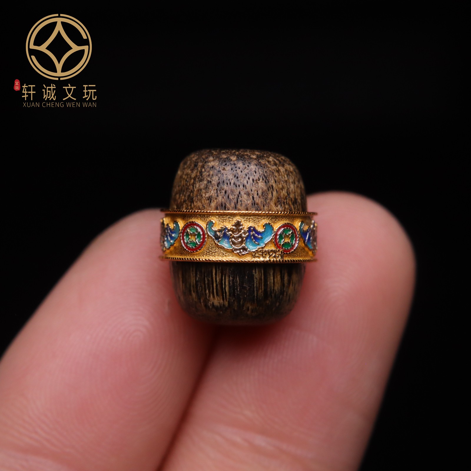 原创S925银镀金天然沉香木桶珠镶嵌彩绘如意纹桶珠散珠DIY配饰