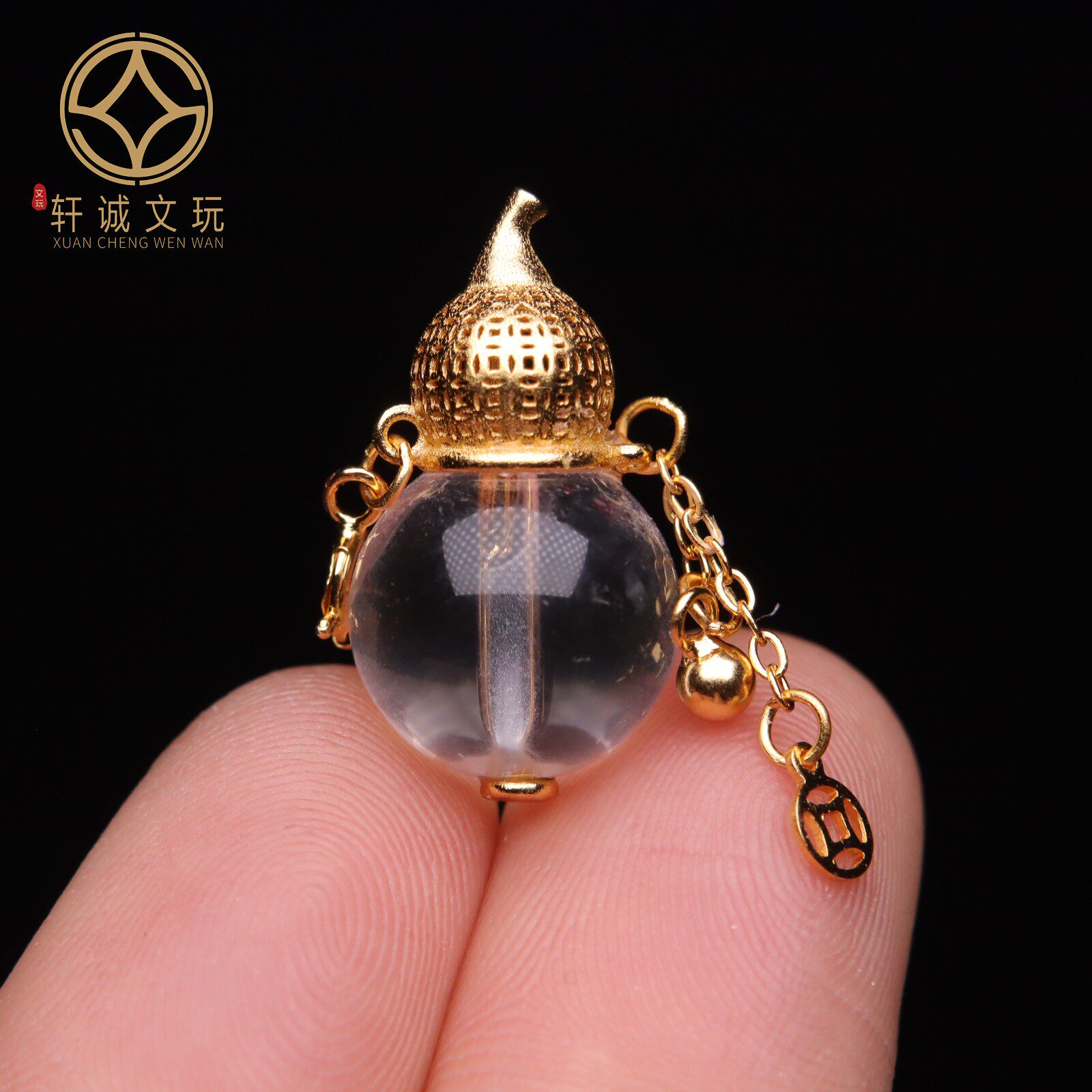 原创S925银镀金天然白水晶镶嵌葫芦桶珠散珠DIY配饰配件配珠饰品