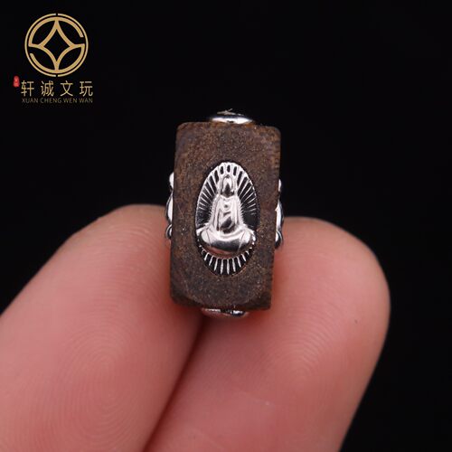 10MM无相佛沉香方桶珠S925银镀金天然檀木镶嵌珍珠散珠DIY配饰件