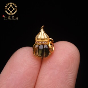 原创S925银镀金天然金珀琥珀蜜蜡镶嵌葫芦桶珠散珠DIY配饰配件